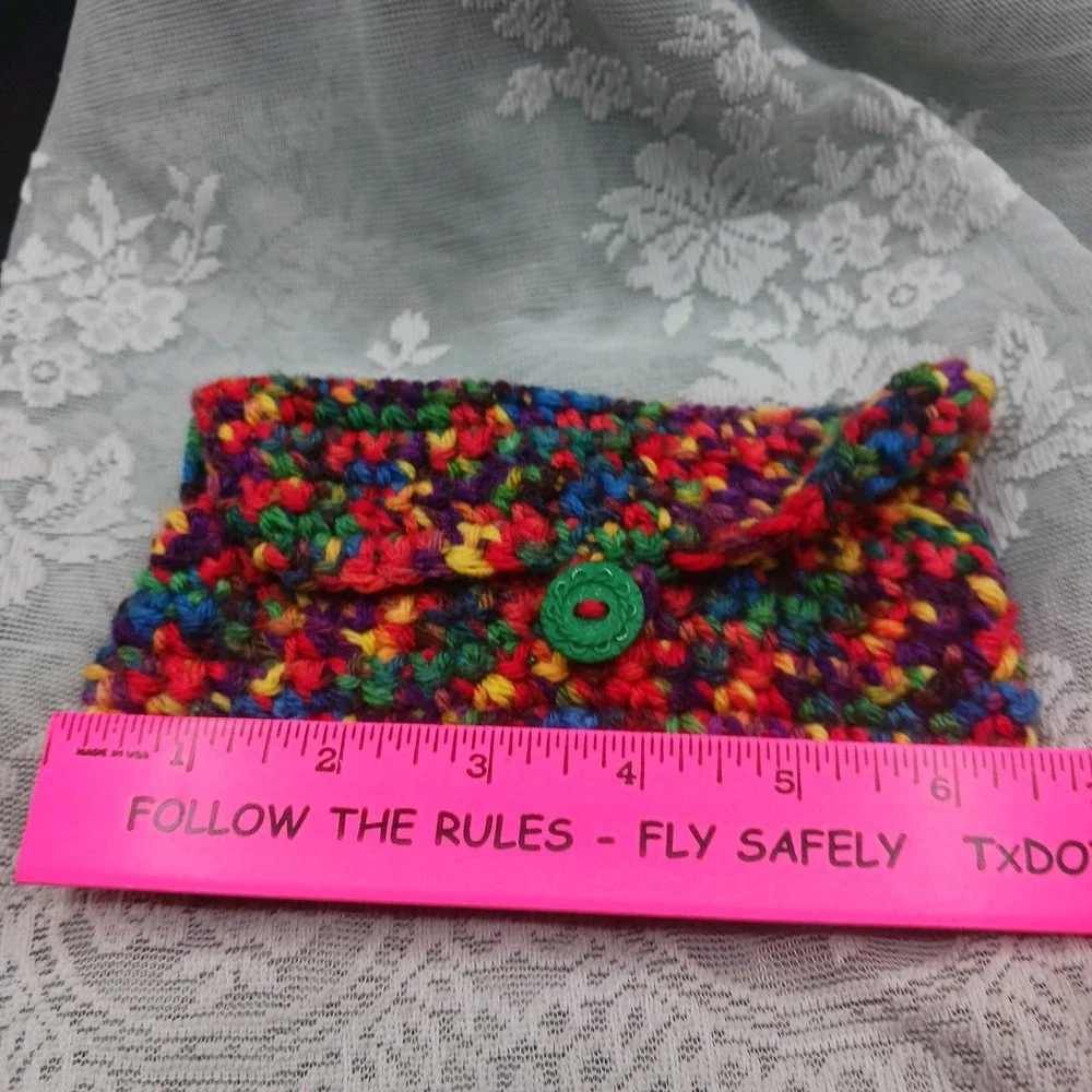 Handknit Crocheted RAINBOW Small organizer make up Bag Boho Hippie Cute Vintage